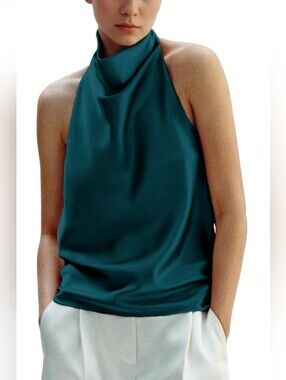 NWT Satin Halter Tank Top Size Large | Elegant Draped Neck Summer Blouse